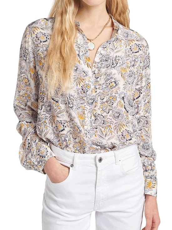 Vanessa Bruno Tops - Vanessa Bruno Floral Split V-Neck Blouse in White and Mustard